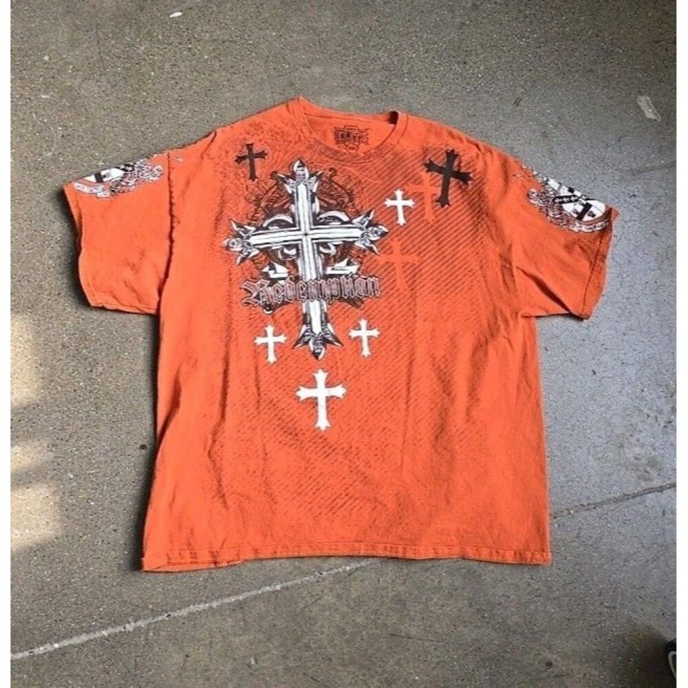 Y2K MMA Elite Grunge T-shirt Mens Size 2XL Orange Redemption Cross Affliction